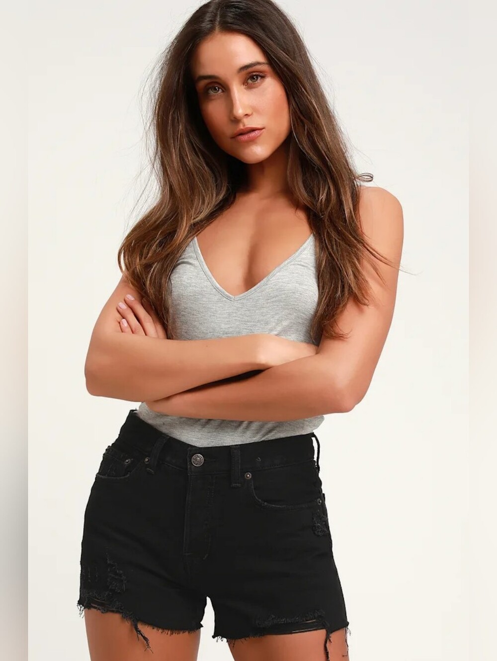 We The Free People SOFIA Black Distressed Denim Jean Cut Off Destructed Shorts
